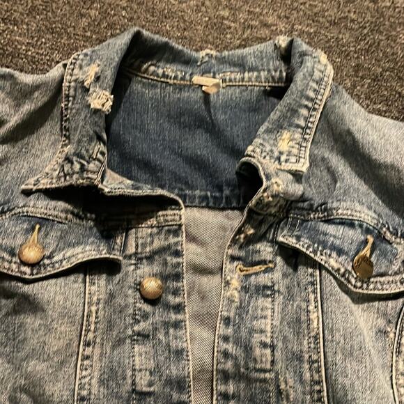 Free People Brand Denim Gray Sweater Distressed Sleeves Jacket Size Large - Picture 3 of 5